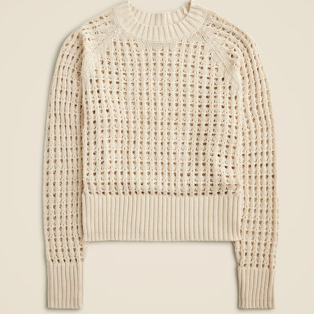 J.Crew Pointelle Crewneck Sweater Cotton Coastal Boho Relaxed Dusty Ivory